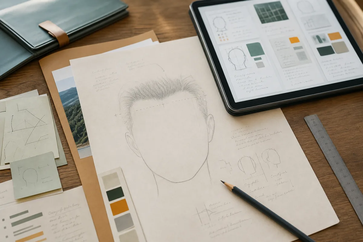 Editorial image of natural hairline design research notes for hair transplant planning.